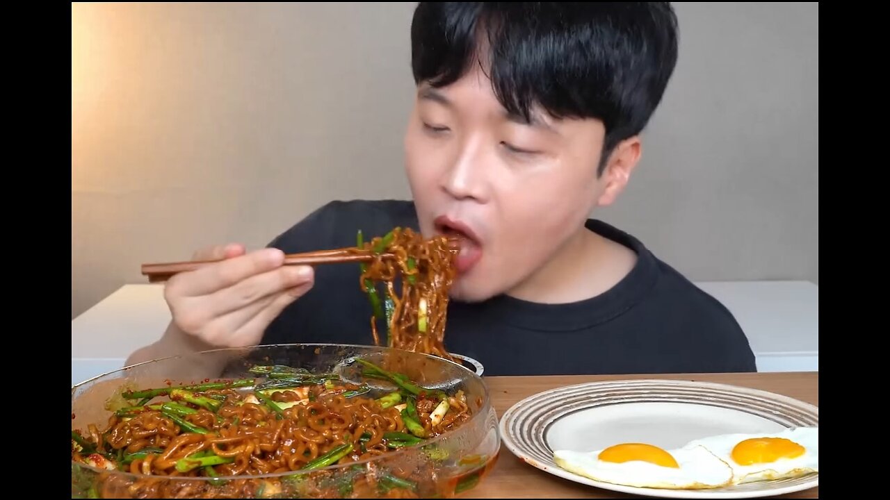 Korean jajangmyeon Noodles with Fried Eggs