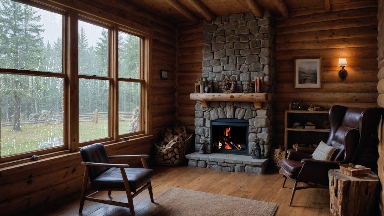 Cozy Cabin Ambience - Rain and Fireplace Sounds at Night for Sleeping, Reading, Relaxation