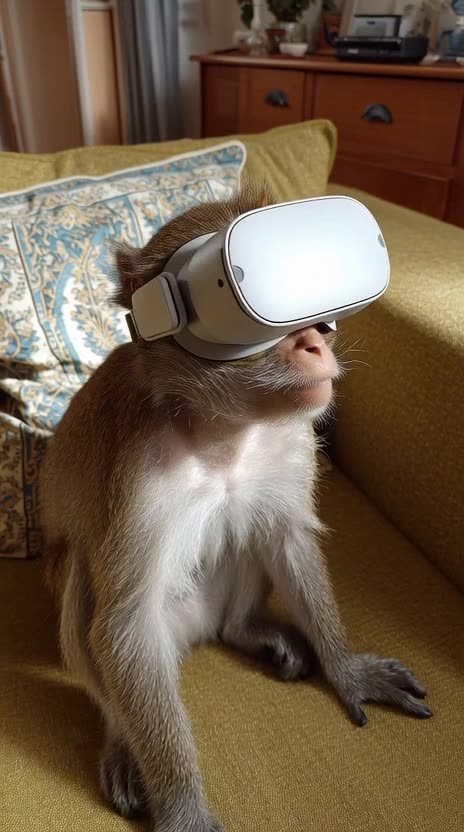 a monkey wearing a VR meta oculus in a living room