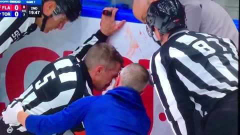 NHL Referee #5 Chris Rooney Takes a stick to the eye.
