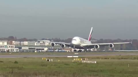 Airbus A380-800 of Emirates performs takeoff go around in Hamburg