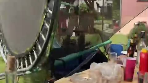 Jumping Men Tip Over Trampoline