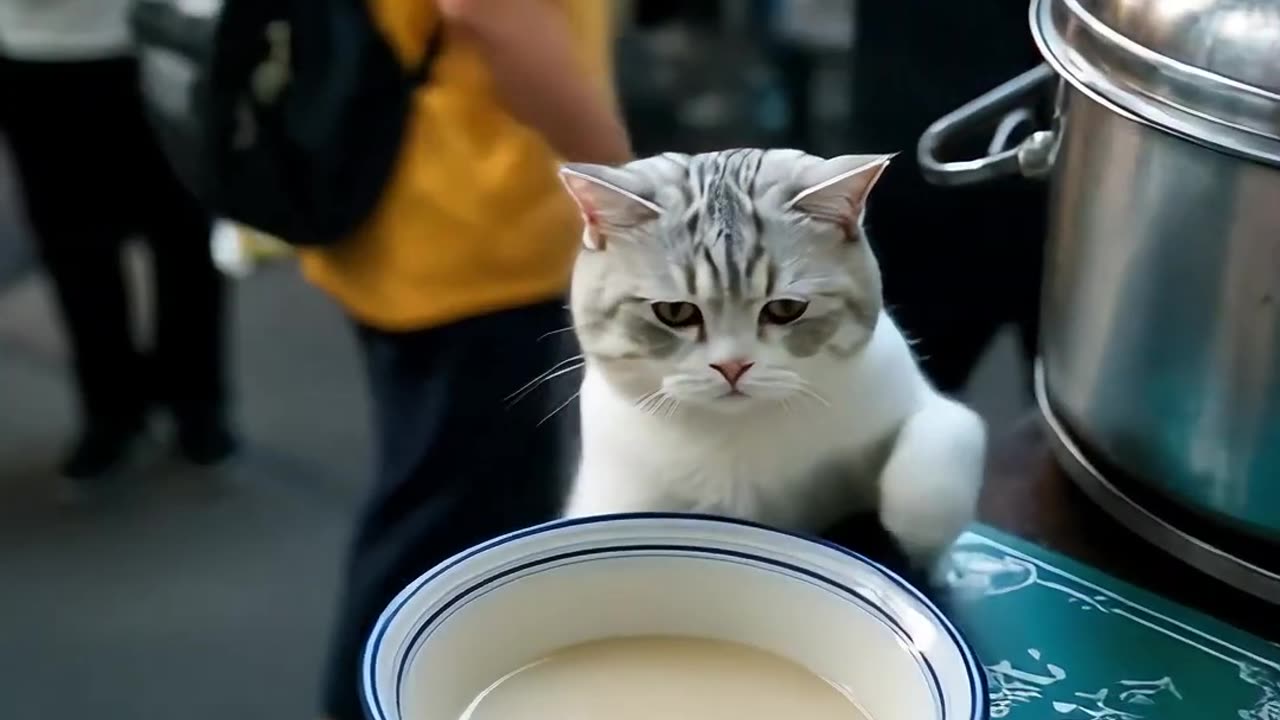 A hardworking cat makes a living by selling soy milk #ai