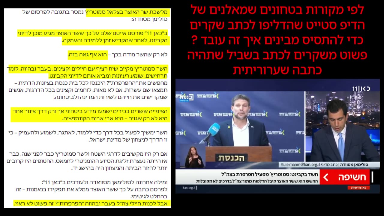 שימו לב איך הדיפ סטייט של השמאל משתמש בתקשורת משקר להם ולצי-בור בשביל כתבה שערורייתית ומתסיסה על השר בצלאל סמוטריץ