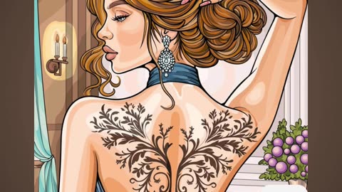 Elegant Woman with Floral Back Tattoo in Vintage Setting