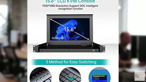 15.6" LCD KVM Switch 8 Port VGA with Cables, Arvitek 1U Rack Mount Console with