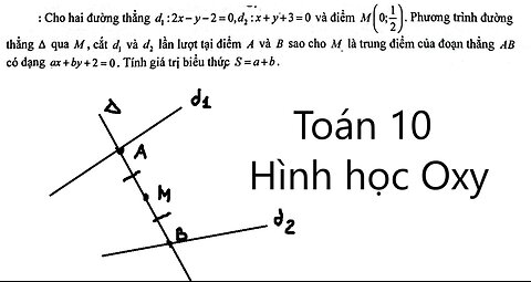 Toán 10: Cho hai đường thẳng d1: 2x-y-2=0 ; d2:x+y+3=0 và điểm M(0; 1/2). Phương trình đường thẳng