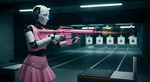 A Ai Robot With Pink Skirt and with Pink M16 Shooting in a Shooting Range