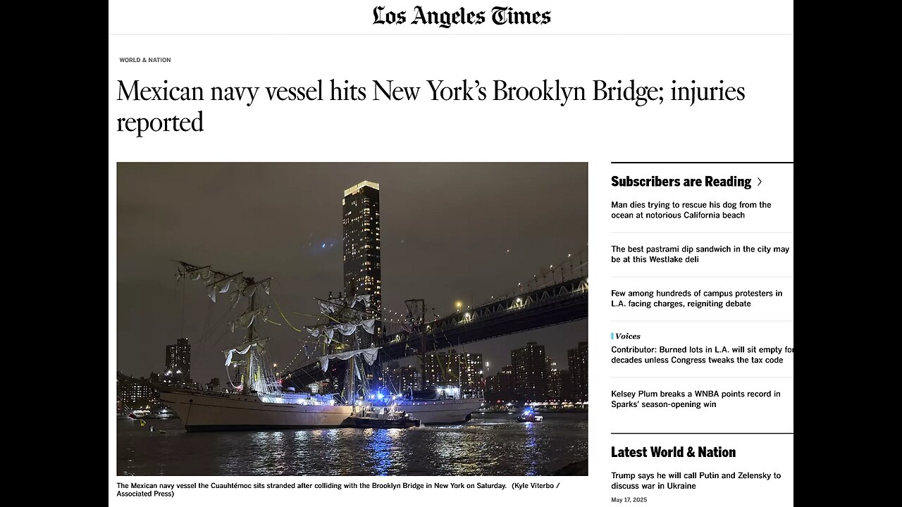 Mexican navy training vessel hits New York's Brooklyn Bridge