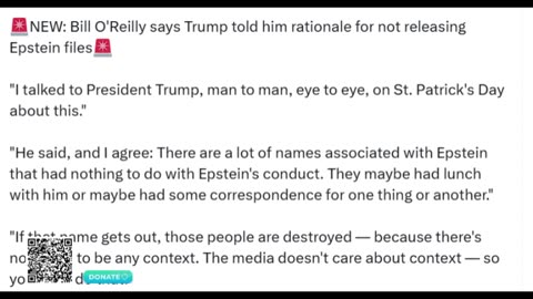 "Bill O'Reilly says Trump told him rationale for not releasing Epstein files"