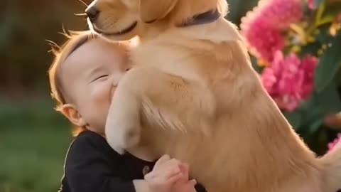 Adorable baby playing with puppy