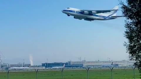 Takeoff of the giant An-124-100 "Ruslan" of the "Volga-Dnepr" airline at Munich Airport, Germany