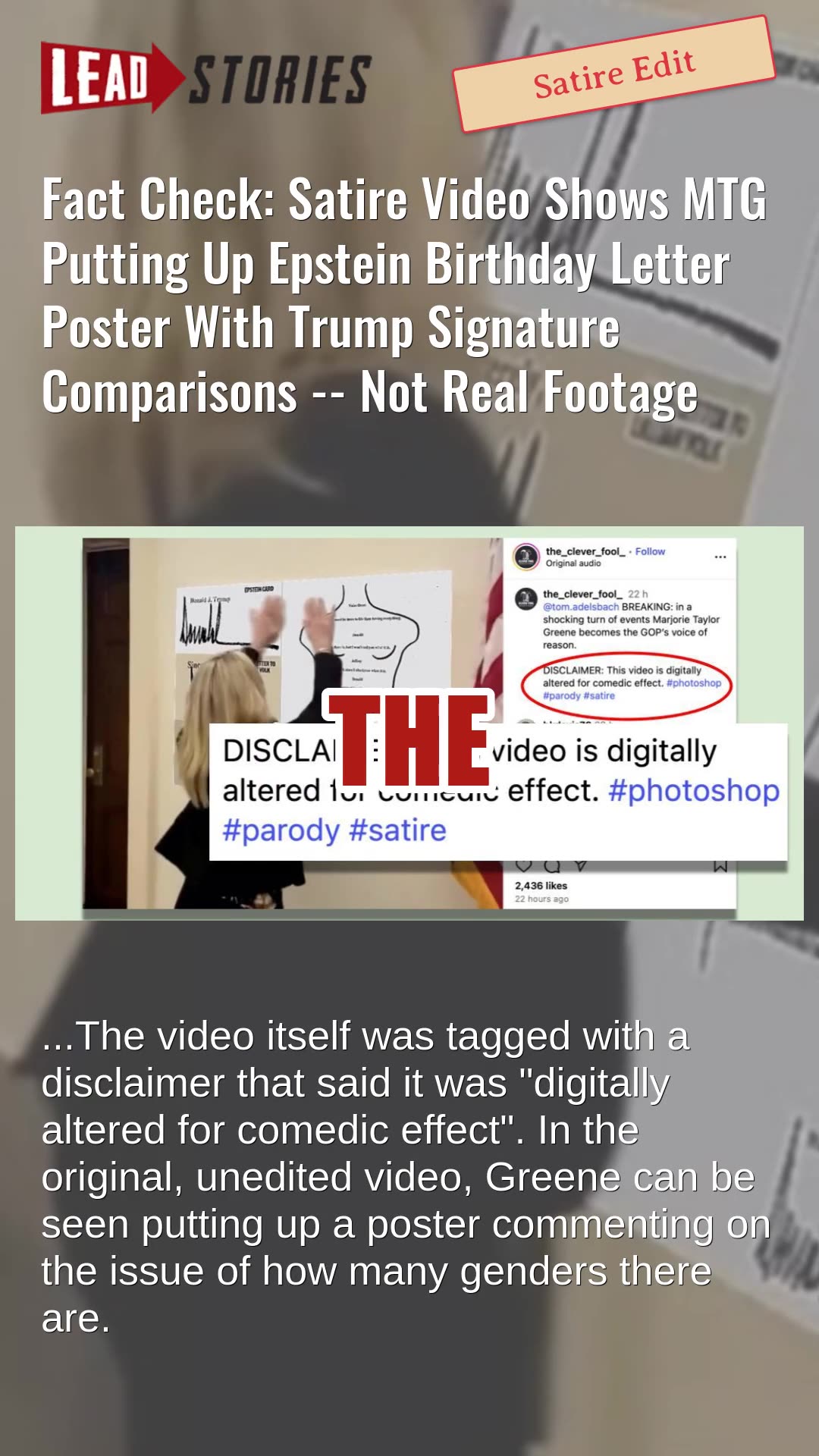 Fact Check: Satire Video Shows MTG Putting Up Epstein Birthday Letter Poster With Trump Signatures