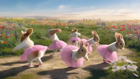 Graceful Bunnies Perform Ballet in a Blooming Meadow