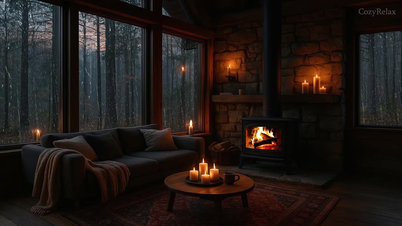 Rest and enjoy the magical sound of rain and fire lighting up your night