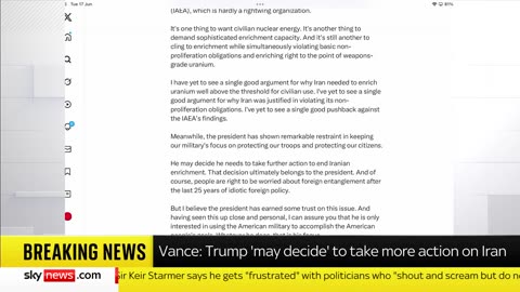 VP Vance has posted on social media that Trump "may decide" he needs to take further action on Iran.