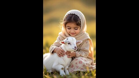 Cute little girl playing with goat baby