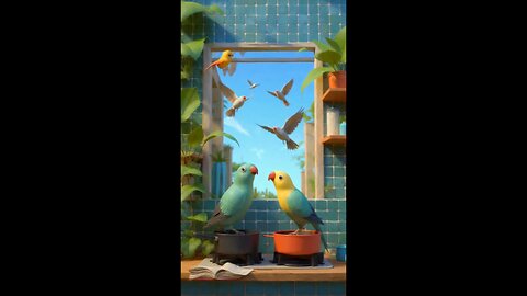 enjoy two pans talking about nature with each other and sparrows and parrots flying