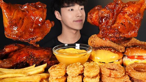 ASMR MUKBANG FRIED CHICKEN & JAMAICAN JERK CHICKEN & BURGER & FRENCH FRIES & ONION RINGS & NUGGETS