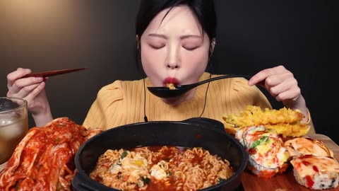 Spicy Ramyeon with California Rolls and Cheese Rolls Mukbang ASMR