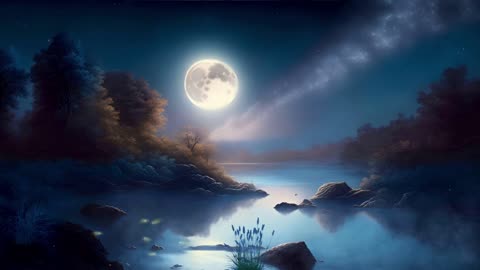 River, night, moon