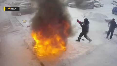 Russians Set Vehicle Alight While Trying to Warm it with Industrial Heater