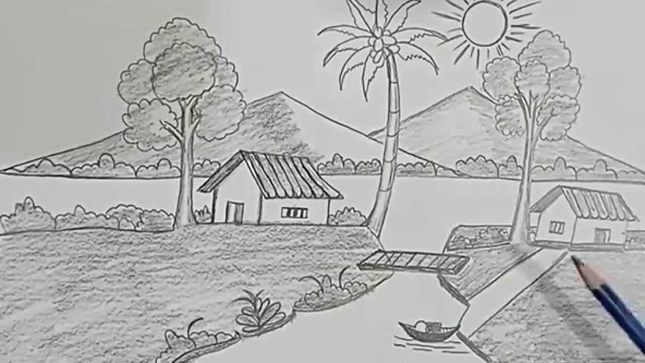 Drawing Scenery | How to Draw a Sunset Scenery on the Beach with Pencil