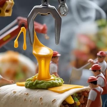 A tortilla being made with a fork and Miniature people working 🌯😱 #foodart #creative