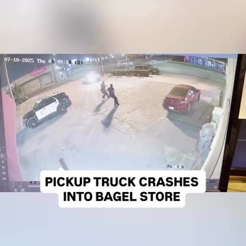 Pickup nearly strikes LAPD officers before crash into Western Bagel in Van Nuys, CA