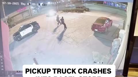 Pickup nearly strikes LAPD officers before crash into Western Bagel in Van Nuys, CA