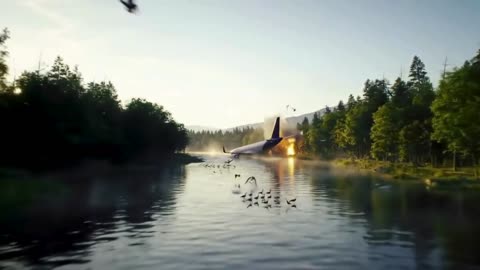 Nature’s Peace Shattered: Dramatic Airplane Crash in Serene Forest Scene