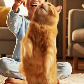 A cat playing with a child