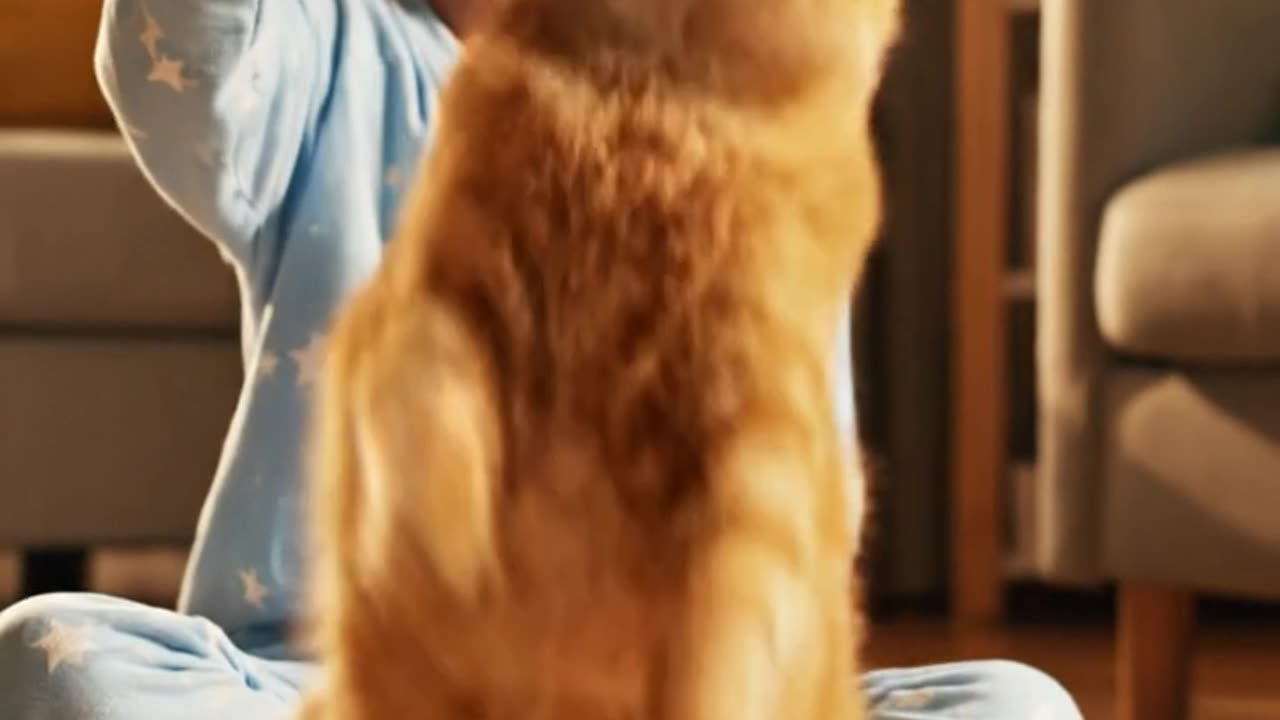 A cat playing with a child