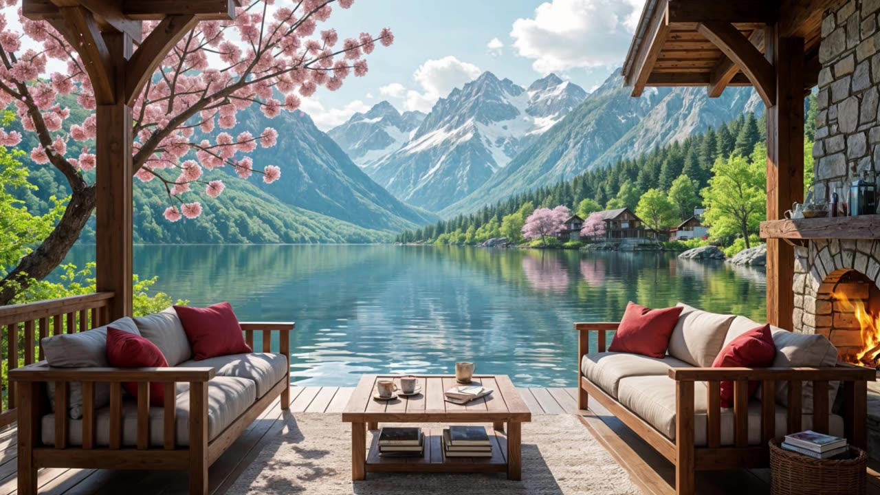 🎷☕ Smooth Jazz by the Lake | Cozy Fire, Coffee, & Cherry Blossoms | Relaxing Jazz Ambience