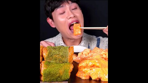 Salmon salad with mayonnaise, fried tofu sushi, fried shrimp