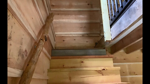 Log hand rail for staircase, more porcupine damage
