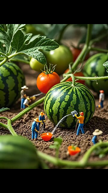Tiny Miniature man watering the plant