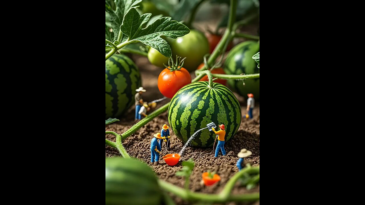 Tiny Miniature man watering the plant