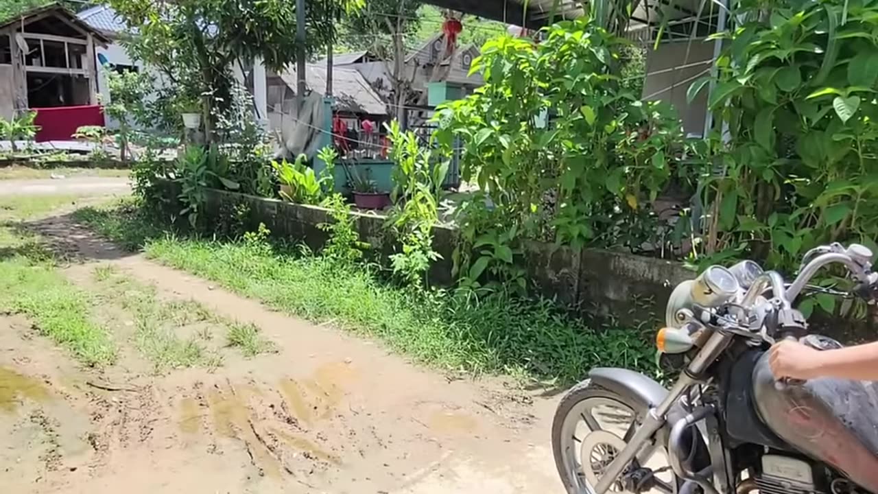 A beautiful girl found an abandoned motorcycle