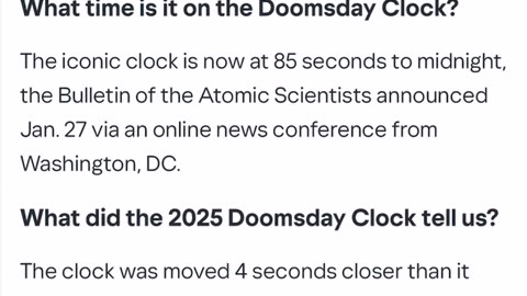 Doomsday clock is at 85 seconds. Bible prophecy