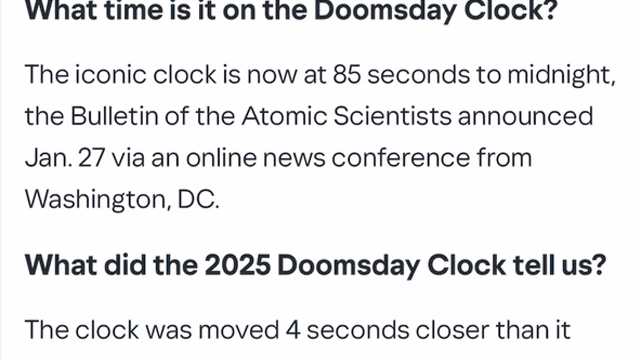 Doomsday clock is at 85 seconds. Bible prophecy