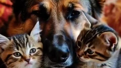 Dog cuddles kittens