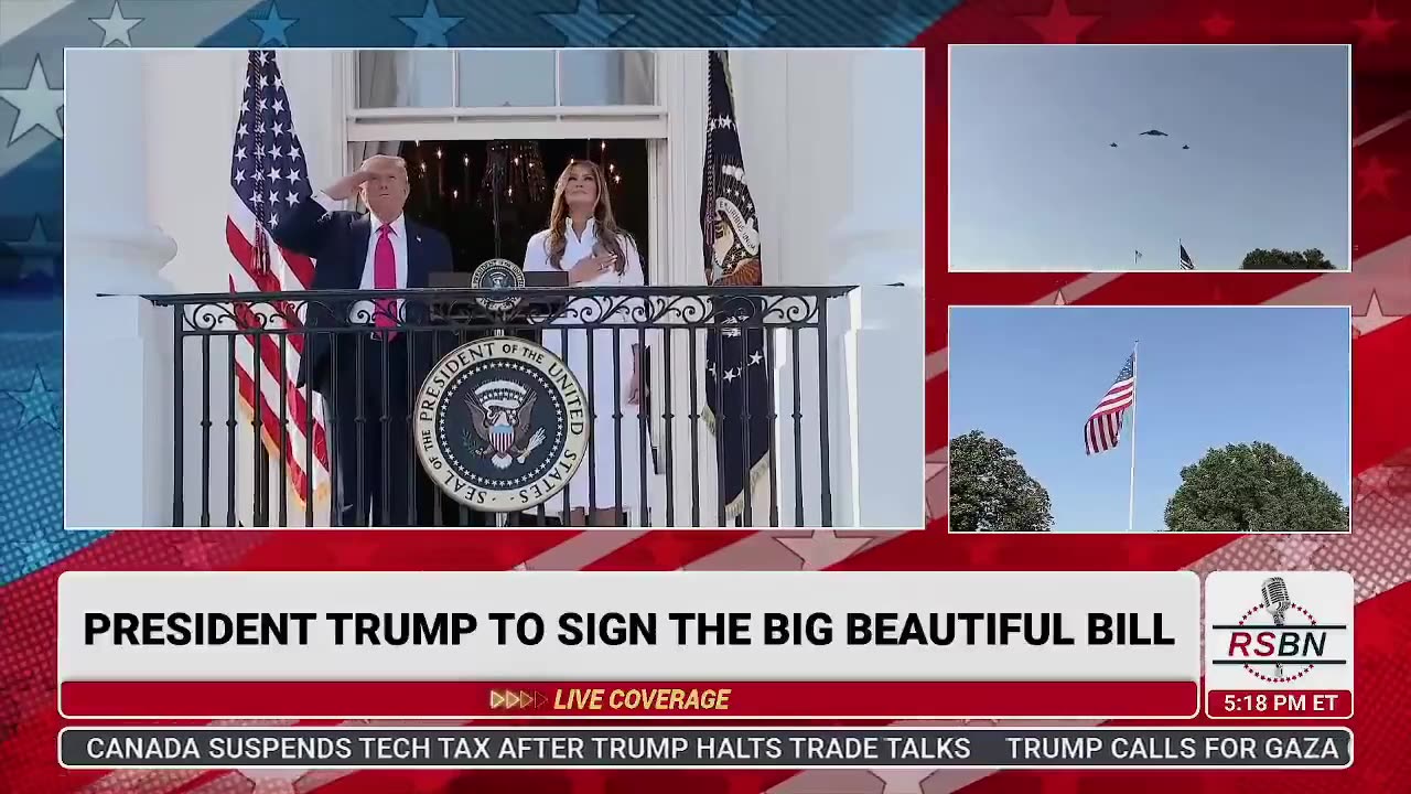 B-2 bomber escorted by F-35 jets flying over the White House for Trump's Big.