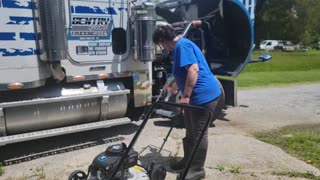 WIFE WITH BRAND NEW PUSH LAWN MOWER FROM RURAL KING (HIGH SPEED)