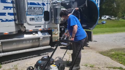 WIFE WITH BRAND NEW PUSH LAWN MOWER FROM RURAL KING (HIGH SPEED)