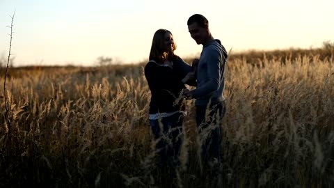 Couple in the high grass at sunset enjoying their love