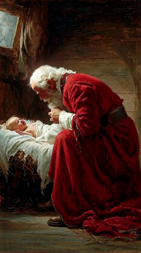 santa before baby Jesus at the manger