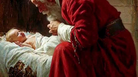 santa before baby Jesus at the manger