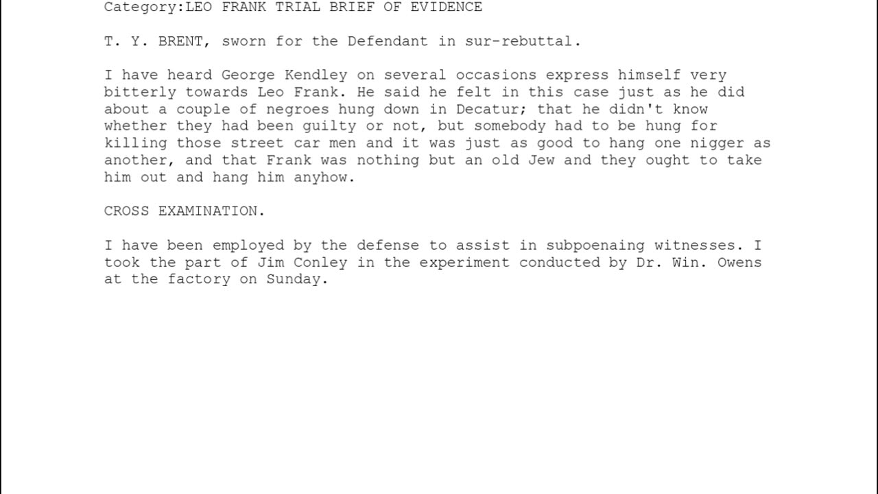 T. Y. Brent, sworn in as a witness for the defense, the 196th to testify.