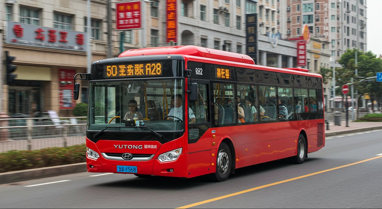 Red Yutong Citybus Driving